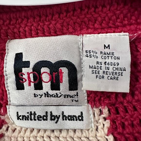 TM Sport Cardigan Sweater MEDIUM Vintage Patchwork Hand Knit Grandma Holiday Red - Picture 11 of 13